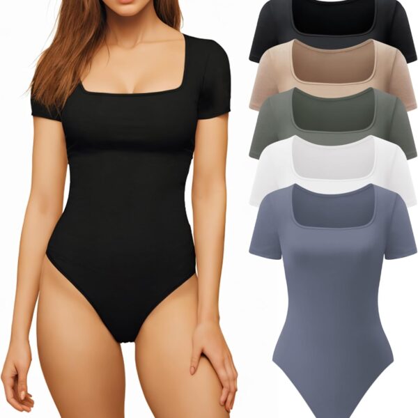 CE' CERDR Womens 5 Pack Short Sleeve Bodysuits Square Neck T-shirt Basic Casual Tops Body suit