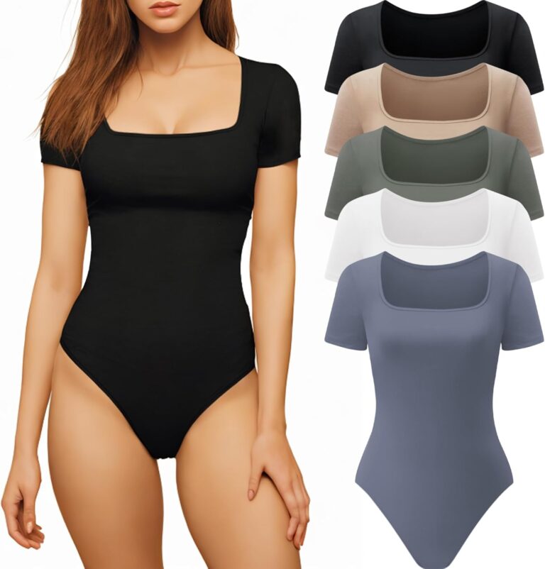 CE' CERDR Womens 5 Pack Short Sleeve Bodysuits Square Neck T-shirt Basic Casual Tops Body suit