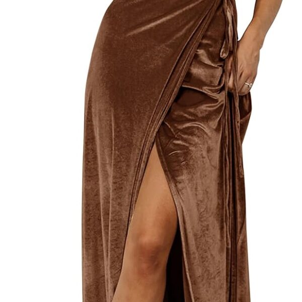 MEROKEETY Women's V Neck Wrap Velvet Maxi Wedding Guest Dress Bell Sleeve Split Bridesmaid Cocktail Party Formal Dresses
