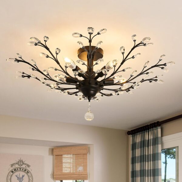 CVKASH 5 - Light Vintage Small Crystal Chandelier Modern Semi Flush Mount Ceiling Light Fixture Chandelier Lighting for Kitchen Bedroom Living Room Dining Room Hallway FoyerBlack