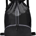 LOKAPEGY Black Drawstring Gym Bag for Men, Waterproof Drawstring Backpack for Women, Swim Bag with Shoes Compartment, Pull String Sport Bag for Soccer and Basketball.