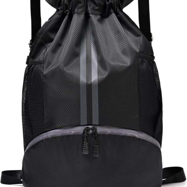 LOKAPEGY Black Drawstring Gym Bag for Men, Waterproof Drawstring Backpack for Women, Swim Bag with Shoes Compartment, Pull String Sport Bag for Soccer and Basketball.