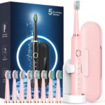 Rtauys M5 Sonic Electric Toothbrush for Adults and Kids - Rechargeable Electric Toothbrush Kids Ages 12+ and Adults with 8 Brush Heads & Travel Case, 120 Days Battery Life - Pink