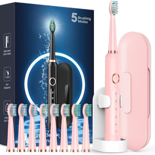 Rtauys M5 Sonic Electric Toothbrush for Adults and Kids - Rechargeable Electric Toothbrush Kids Ages 12+ and Adults with 8 Brush Heads & Travel Case, 120 Days Battery Life - Pink