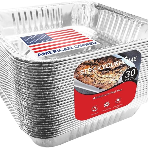 Stock Your Home 9x9 Aluminum Foil Pans - 8.75" L Rim (30 Pack) Square Tins for Toaster Oven- Cooking Lasagna, Casserole, and Doing Food Prep - Disposable Baking Pan for Cake or Brownie Dish