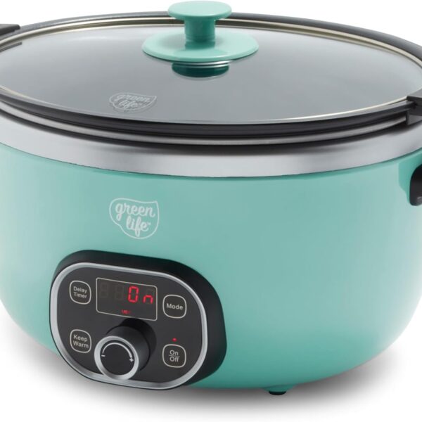 GreenLife 6QT Ceramic Slow Cooker, PFAS-Free, Programmable, Removable Healthy Nonstick Pot for Family Meals, Sear on Stovetop, Keep Warm, Digital Timer, Dishwasher Safe Crock, Turquoise