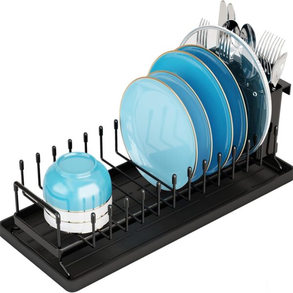ANTOPY Small Dish Drying Rack - Compact Dish Rack for Kitchen Counter with Silicone Dish Drying Mat, Stainless Steel Dish Drainer for Kitchen Sink Cabinet, Space Saving Plate Rack Cutlery Holder