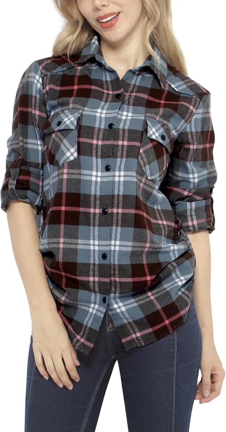 Match Womens Button Down Flannel Plaid Shirts roll up Long Sleeve Shackets Business Blouse Top