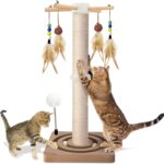 PAROTO Cat Scratching Post, Sisal Cat Tree Tower Scratcher for Indoor Cats Adults with Interactive Toys, Double Ball Track, 2 Mounting Methods, 25 inches