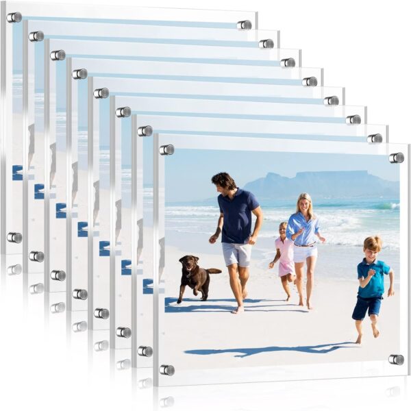 Yalikop 8 Pcs Acrylic Floating Picture Frame 8.5 x 11 Inches Wall Mount Frameless Photo Frames Double Panel Clear for Home Office Photo Display, Full Size 9.6 x 13.2 Inch (Silver)