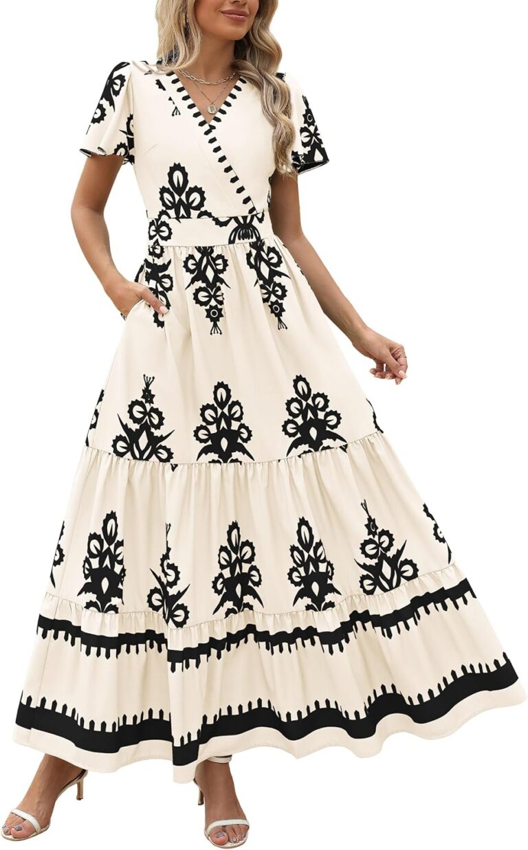 PRETTYGARDEN Womens 2026 Summer Casual V Neck Boho Maxi Dress Flowy Aline Bell Sleeve Tiered Floral Dresses with Pocket