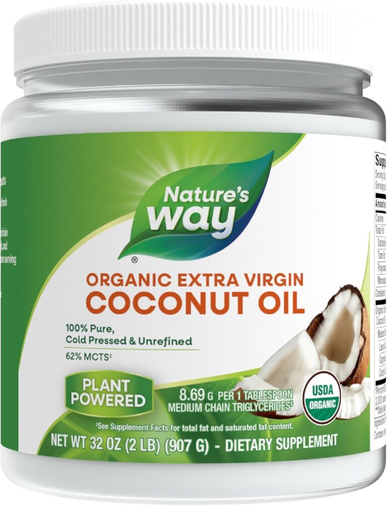 Nature's Way USDA Organic Extra Virgin Coconut Oil, Organic Virgin Coconut Oil, Pure, Cold-Pressed, Hexane Free, Gluten Free, Contains 62% MCTs, Non-GMO Project Verified, 32 Oz (Packaging May Vary)