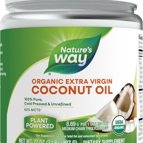 Nature's Way USDA Organic Extra Virgin Coconut Oil, Organic Virgin Coconut Oil, Pure, Cold-Pressed, Hexane Free, Gluten Free, Contains 62% MCTs, Non-GMO Project Verified, 32 Oz (Packaging May Vary)
