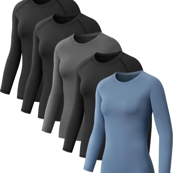 NebuKinex 5 Pack Women's Compression Shirt Long Sleeve Workout Tops Athletic Baselayer Quick Dry Gym Yoga Running T-Shirt