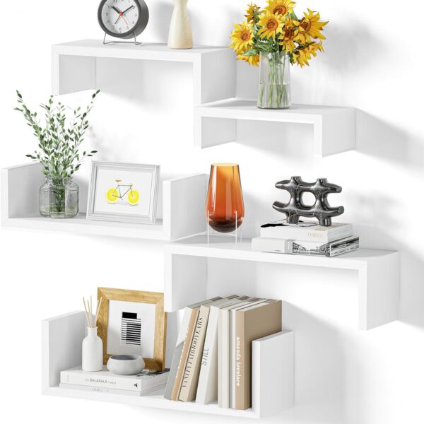 SRIWATANA Floating Shelves for Wall, Wall Shelves for Bathroom, Bedroom, Living Room, Kitchen, Office, Wood Shelves for Home Decor Set of 5 (Washed White)
