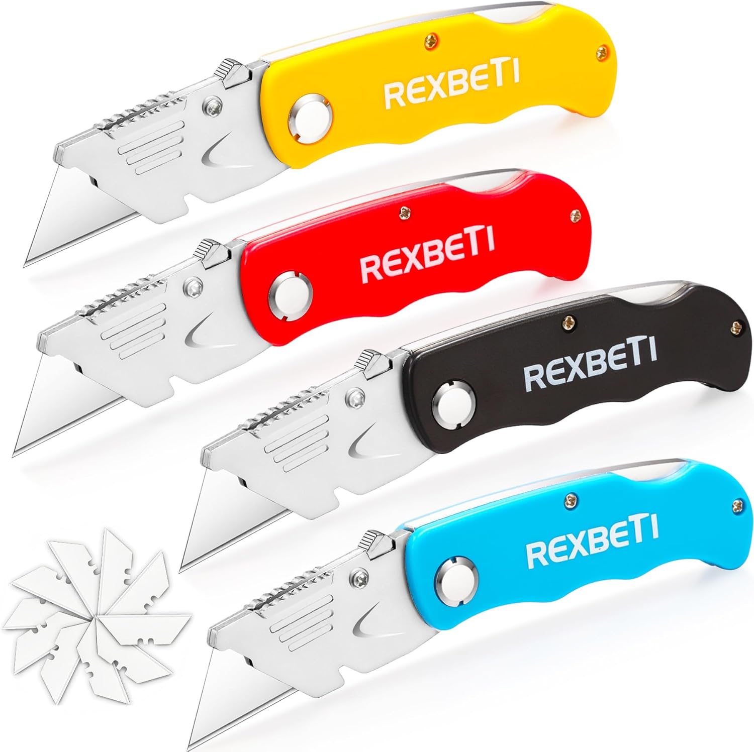 REXBETI 4-Pack Folding Pocket Utility Knife Quick-change SK5 Box Cutter for Cartons, Cardboard and Boxes, Back-lock Mechanism with 10 Extra Blades REXBETI 4-Pack Folding Pocket Utility Knife Quick-change SK5 Box Cutter for Cartons, Cardboard and Boxes, Back-lock Mechanism with 10 Extra Blades