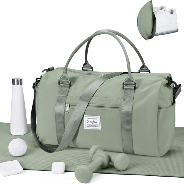 Gym Bags for Women Men with Shoes Compartment,Sports Duffle Bags Personal item travel Duffel Tote Bag Small Carry on Weekender Overnight Bag Workout Dance Bags Hospital Holdalls Grey Green