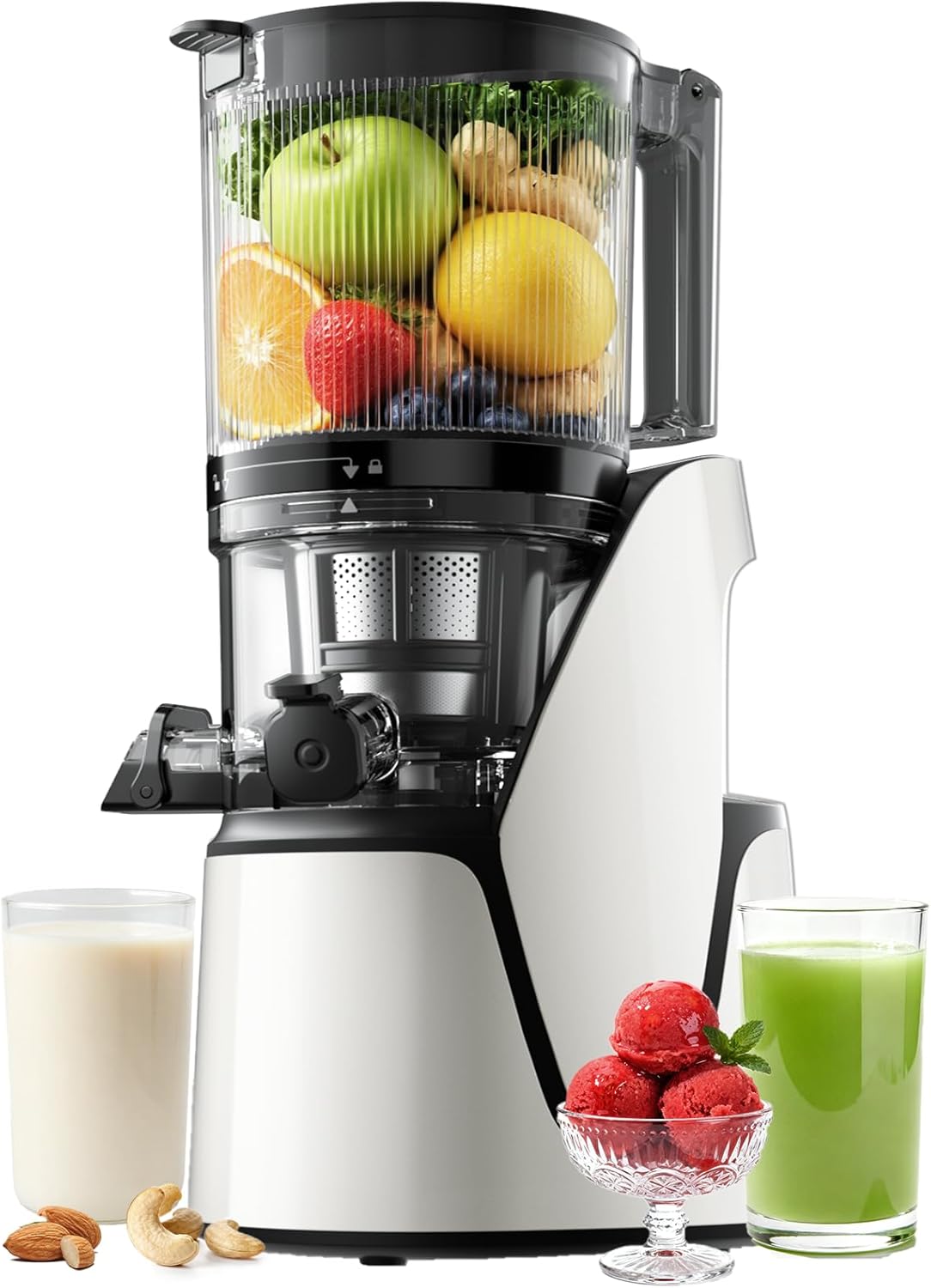 EanOruus Juicer Machines, 3-in-1 Cold Press Juicer with 6.5" Extra Large Chute, 100oz Large Capacity, AC Motor, Makes Juice, Nut Milk & Sorbet, Bright White EanOruus Juicer Machines, 3-in-1 Cold Press Juicer with 6.5" Extra Large Chute, 100oz Large Capacity, AC Motor, Makes Juice, Nut Milk & Sorbet, Bright White