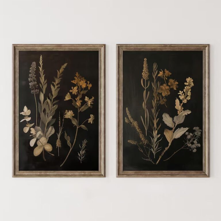 Vintage Floral Wall Art Decor Black Botanical Canvas Art Moody Flower Wall Art Dark Academia Poster Painting Vintage Floral Prints Pictures for Bedroom Living Room 16x24 Inch Set of 2 Unframed