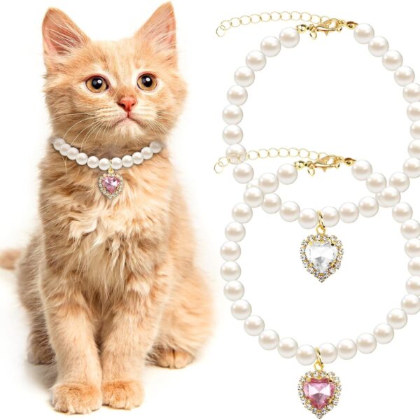 Tyqour 2pcs Cute Girl Cat Collar, Pearl Cat Dog Collar with Small Heart Shape Rhinestone for Small Dogs and Cats Adjustable Fancy Dog Pearl Necklace Collars, Pink Heart + White Heart