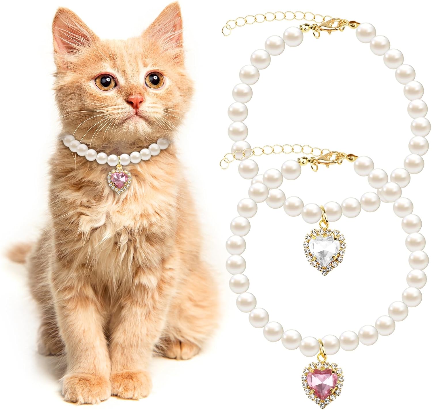 Tyqour 2pcs Cute Girl Cat Collar, Pearl Cat Dog Collar with Small Heart Shape Rhinestone for Small Dogs and Cats Adjustable Fancy Dog Pearl Necklace Collars, Pink Heart + White Heart Tyqour 2pcs Cute Girl Cat Collar, Pearl Cat Dog Collar with Small Heart Shape Rhinestone for Small Dogs and Cats Adjustable Fancy Dog Pearl Necklace Collars, Pink Heart + White Heart
