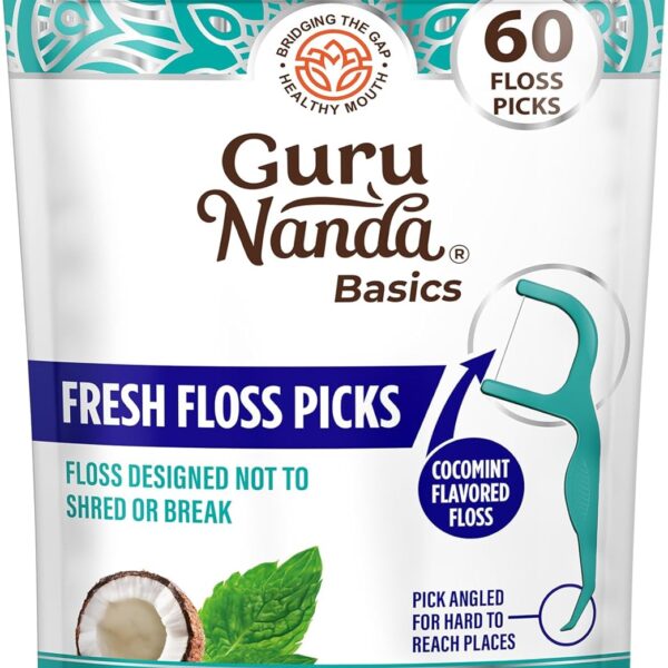 GuruNanda Fresh Floss Dental Picks - Non- Shred Thread with Angled Pick for Effective Plaque Removal - Dentist Recommened - Travel Friendly for Adults & Kids - 60 Pack