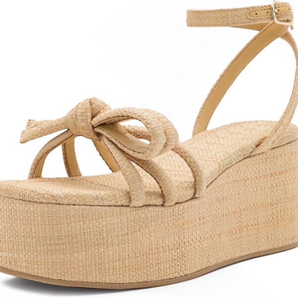 Raffia Platform Sandals for Women,Bow Ankle Strappy Espadrille Wedges Sandals Comfortable Square Open Toe Straw Sandals