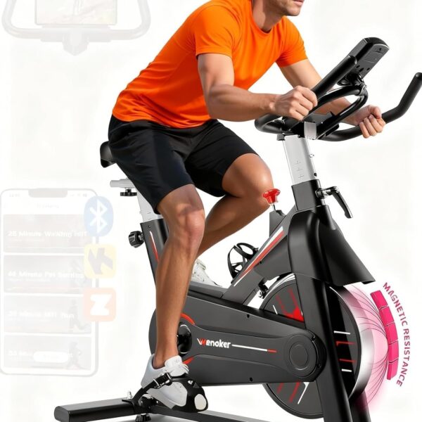 Exercise Bike, Wenoker Stationary Bike for Home App Sync Indoor Bike with Adjustable Seat and Multi-grips Handlebar, Transport Wheels and Fitness Courses for Weight Loss