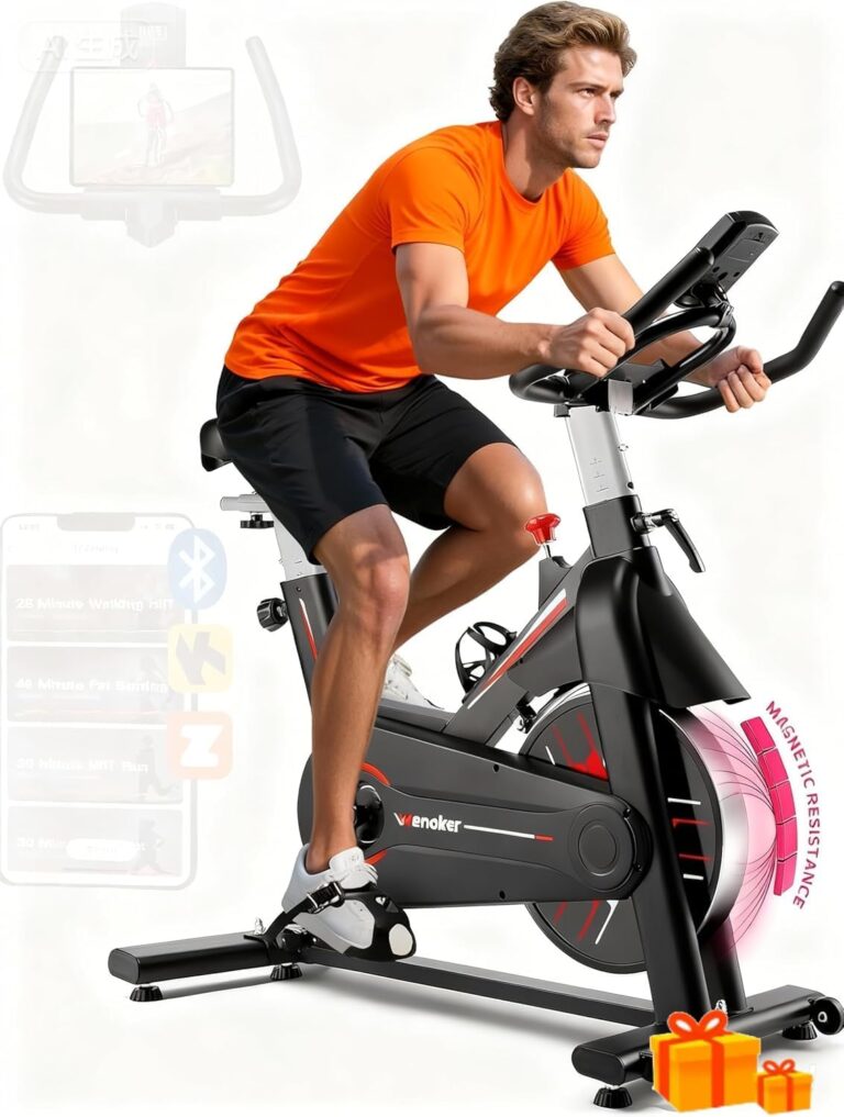 Exercise Bike, Wenoker Stationary Bike for Home App Sync Indoor Bike with Adjustable Seat and Multi-grips Handlebar, Transport Wheels and Fitness Courses for Weight Loss
