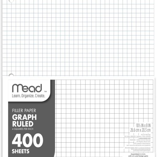Mead Loose Leaf Paper, Graph Ruled Filler Notebook Paper, 8" x 10-1/2", 400 Sheets, Fits 3-Ring Binder (150038-ECM)