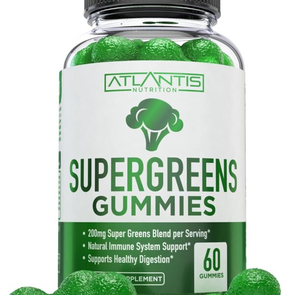 Atlantis Nutrition Supergreens Gummies - Daily Green Superfoods Supplement with Spinach, Broccoli, Moringa, Beet Root, Celery, Green Tea, & Acai for Immunity Support - Natural Raspberry Flavor, 60 cnt