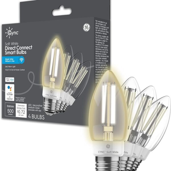 Cync GE Smart LED Light Bulb, B11 Candle Light Bulb  Works with Amazon Alexa & Google Home, 60W Equivalent, Soft White, 2.4GHz WiFi (4-Pack)