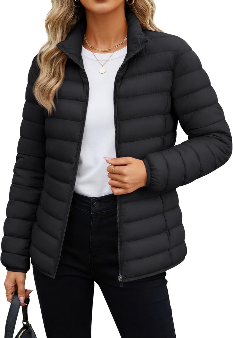 MAGCOMSEN Women's Puffer Jacket Lightweight Quilted Padded 4 Pockets Zip-up Stand-collar Winter Fleece Coat