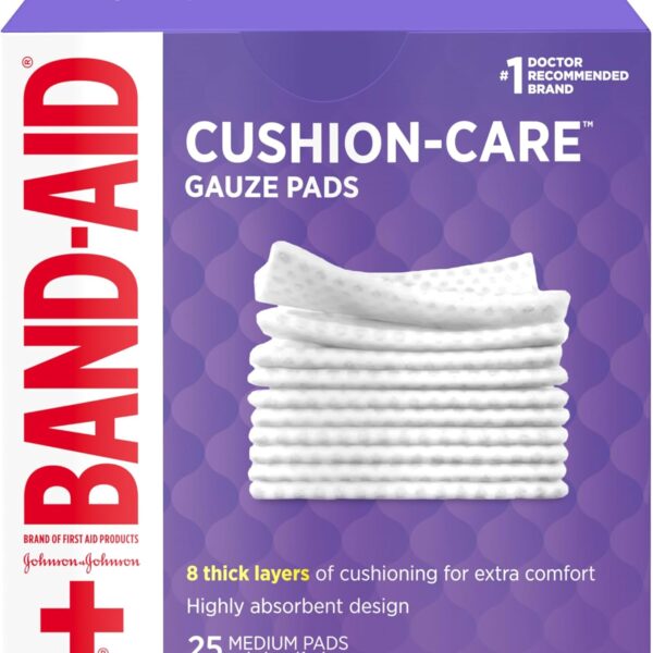 BAND-AID Brand Cushion Care Sterile Gauze Pads for Protection of Minor Cut, Scrapes & Burns, Non-Adhesive & Wound Care Dressing Pads, Medium Size, 3 inches x 3 inches, 25 ct