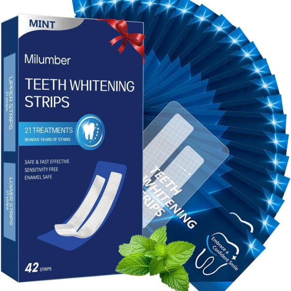 Milumber Teeth Whitening Strips for Sensitive, 42 Strips Whitener Safe Whitestrip, Deep Stains Removal Tooth Whitening, Enamel Safe Non-Slip Dry Strip Technology for Whiter Teeth, Mint