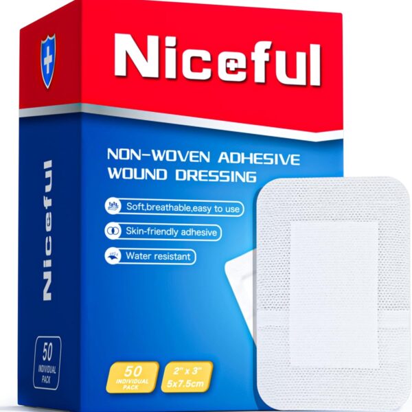 Niceful 50Pcs Adhesive Gauze Bandages 2"x3", Water-Resistant Wound Island Dressing, Sterile & Absorbent Medical Grade Dressing Pad First Aid Dressing Pads