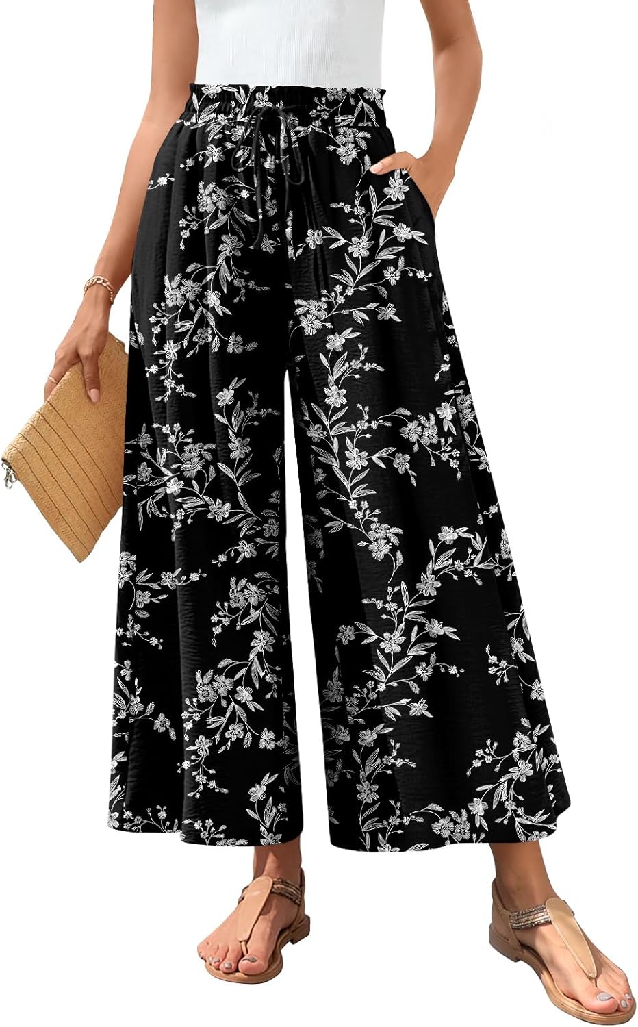 Bestbee Women's Wide Leg Palazzo Pants Dressy Casual Gaucho Pants Elastic Waist with Pockets Bestbee Women's Wide Leg Palazzo Pants Dressy Casual Gaucho Pants Elastic Waist with Pockets