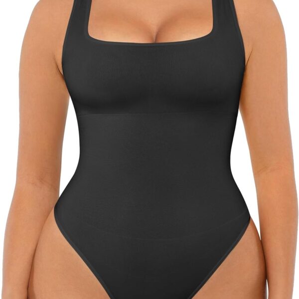 FeelinGirl Bodysuits for Women Seamless Square Neck Tummy Control Compression Thong Shapewear Bodysuit Tank Tops Bodysuit