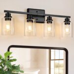Unicozin Modern Bathroom Light Fixtures, 4 Light Vanity Lights Over Mirror, Black Wall Lamp with Clear Glass for Living Room Cabinet Bedroom Porch
