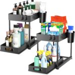 2 Pack Under Sink Organizer with Pull-Out Drawer, 2-Tier Cabinet Storage for Kitchen & Bathroom, Tool-Free Assembly, Fits Cleaning Supplies & Toiletries, Space Saving for Small Cabinets, Black