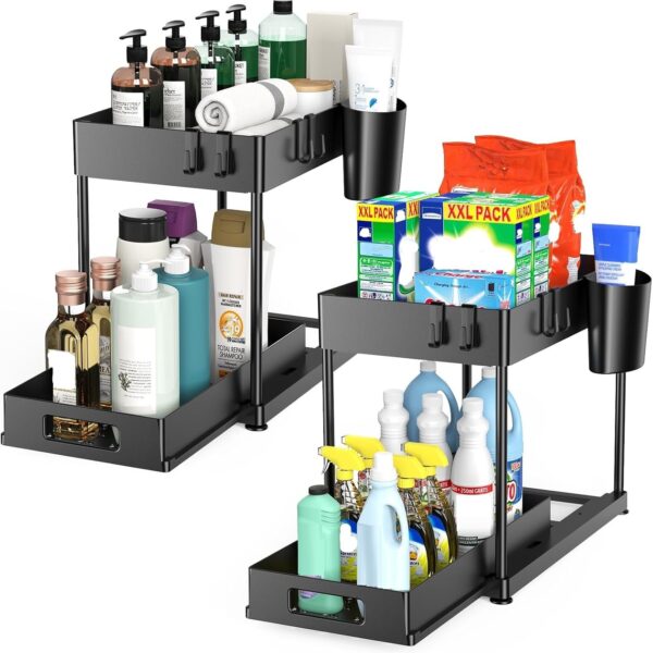 2 Pack Under Sink Organizer with Pull-Out Drawer, 2-Tier Cabinet Storage for Kitchen & Bathroom, Tool-Free Assembly, Fits Cleaning Supplies & Toiletries, Space Saving for Small Cabinets, Black