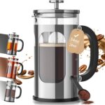 Veken French Press Coffee Maker 34oz 1 L, No Plastic Touching Cafe, Heat Resistant Thickened Borosilicate Glass, Stainless Steel Brewer, Cold Brew Cafetera Teapot for Kitchen Travel Camping, Silver