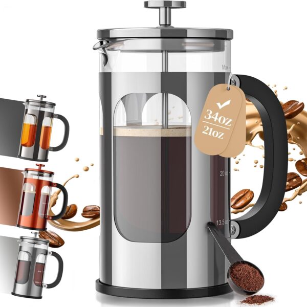 Veken French Press Coffee Maker 34oz 1 L, No Plastic Touching Cafe, Heat Resistant Thickened Borosilicate Glass, Stainless Steel Brewer, Cold Brew Cafetera Teapot for Kitchen Travel Camping, Silver