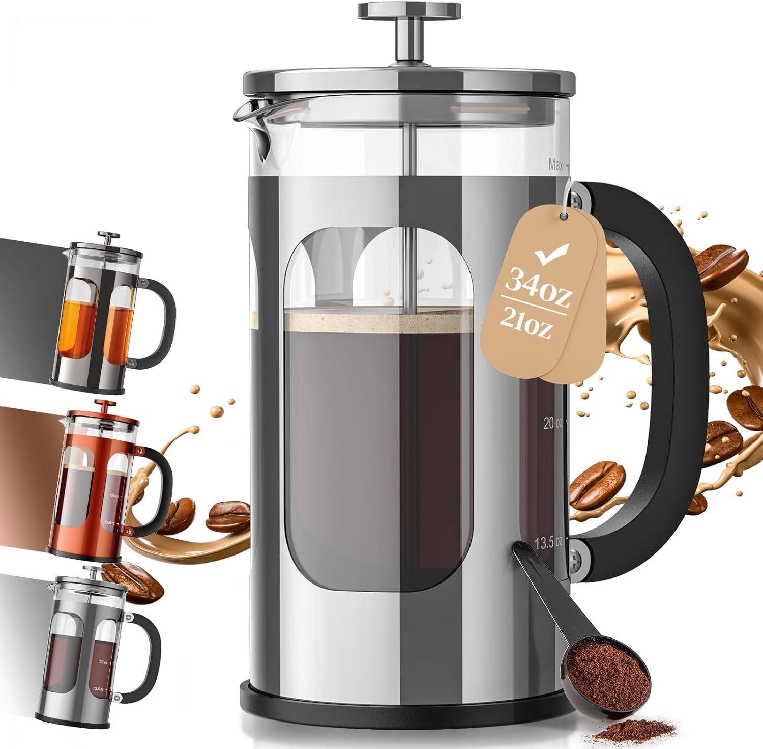 Veken French Press Coffee Maker 34oz 1 L, No Plastic Touching Cafe, Heat Resistant Thickened Borosilicate Glass, Stainless Steel Brewer, Cold Brew Cafetera Teapot for Kitchen Travel Camping, Silver Veken French Press Coffee Maker 34oz 1 L, No Plastic Touching Cafe, Heat Resistant Thickened Borosilicate Glass, Stainless Steel Brewer, Cold Brew Cafetera Teapot for Kitchen Travel Camping, Silver