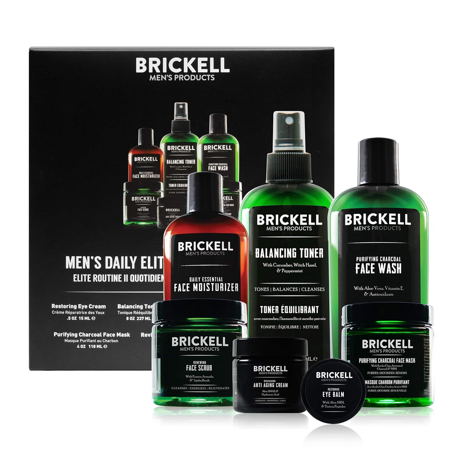 Brickell Men's Daily Elite Face Care Routine II, Toner, Charcoal Face Wash, Face Scrub, Anti-Aging Cream, Eye Cream, Charcoal Mask & Moisturizer, Activated Charcoal, Peptides, Hyaluronic Acid, Scented Brickell Men's Daily Elite Face Care Routine II, Toner, Charcoal Face Wash, Face Scrub, Anti-Aging Cream, Eye Cream, Charcoal Mask & Moisturizer, Activated Charcoal, Peptides, Hyaluronic Acid, Scented