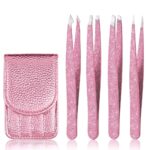 Eyebrow Tweezer Set, 4 Pcs Professional Stainless Steel Tweezers for Women, Precision Tweezer for Facial Hair, Splinter and Ingrown Hair RemovalRose Gold
