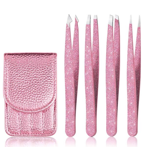 Eyebrow Tweezer Set, 4 Pcs Professional Stainless Steel Tweezers for Women, Precision Tweezer for Facial Hair, Splinter and Ingrown Hair RemovalRose Gold