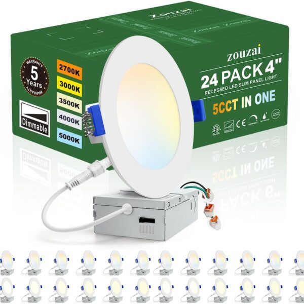 zouzai 24 Pack 4 Inch Ultra-Thin LED Recessed Ceiling Light with Junction Box 5CCT Adjustable Dimmable Can-Killer Downlight - ETL and Energy Star Certified (24 Pack 5CCT White, 4 Inch)