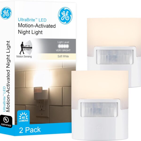 GE LED Motion Sensor Night Light, Plug into wall, 40 Lumens, Soft White, UL-Certified, Energy Efficient, Ideal Nightlight for Bedroom, Bathroom, Kitchen, Hallway, 46632, White, 2 Pack