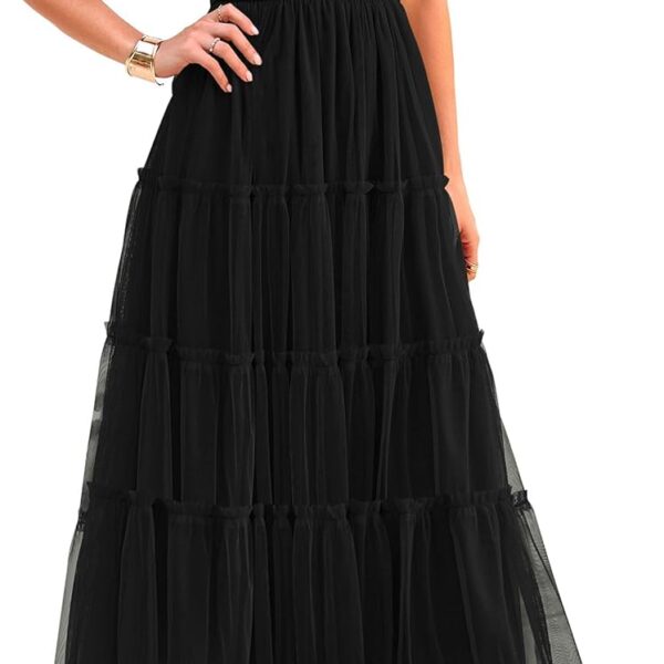 PRETTYGARDEN Women's Smocked Midi Tulle Dress 2026 Summer Puffy Short Sleeve Square Neck Ruffle Wedding Guest Party Dresses